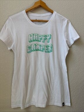 Cotopaxi Short Sleeve Tee Shirt Happy Camper White and Green Womens Large
